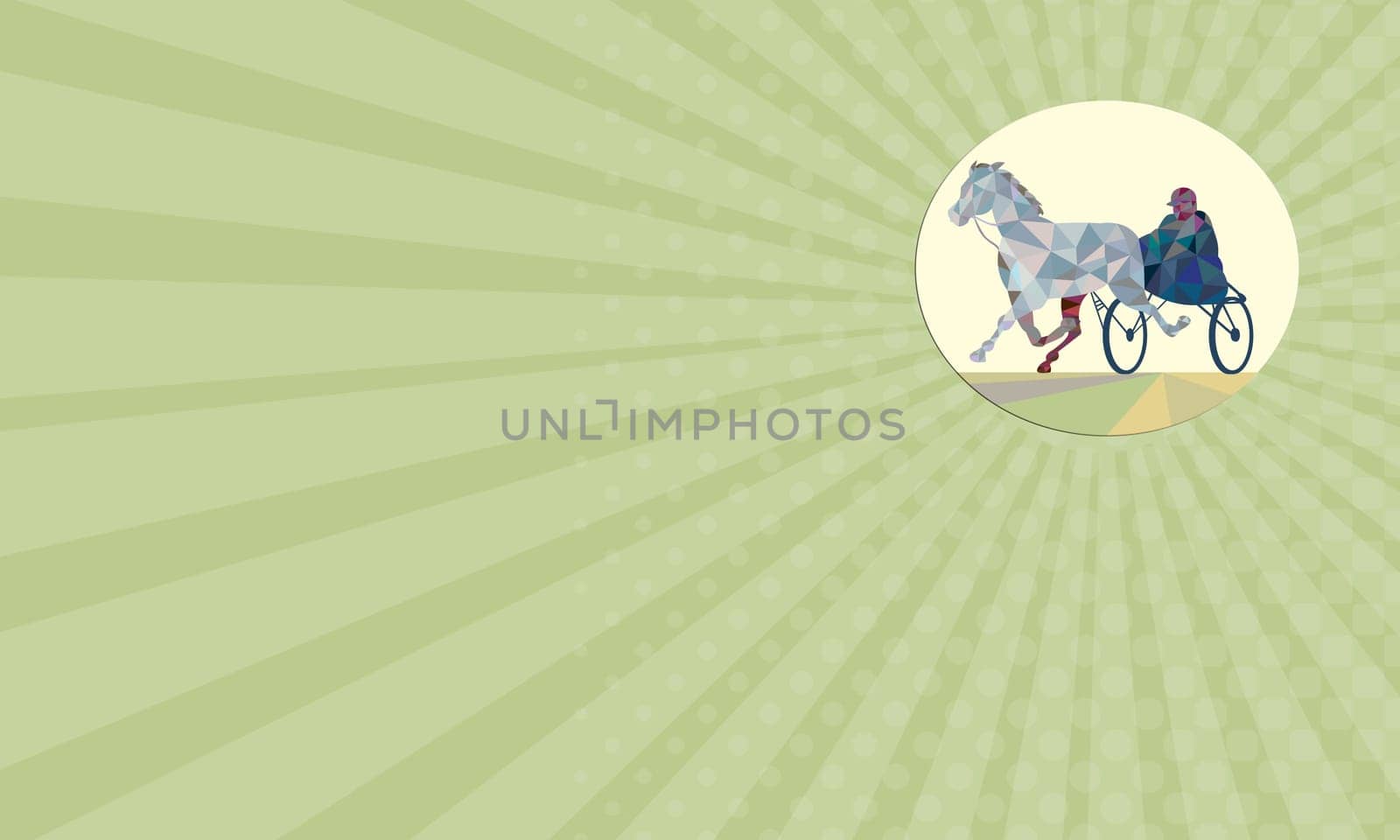 Business card showing Low polygon style illustration of a horse and jockey harness racing viewed from the front set on isolated white background.