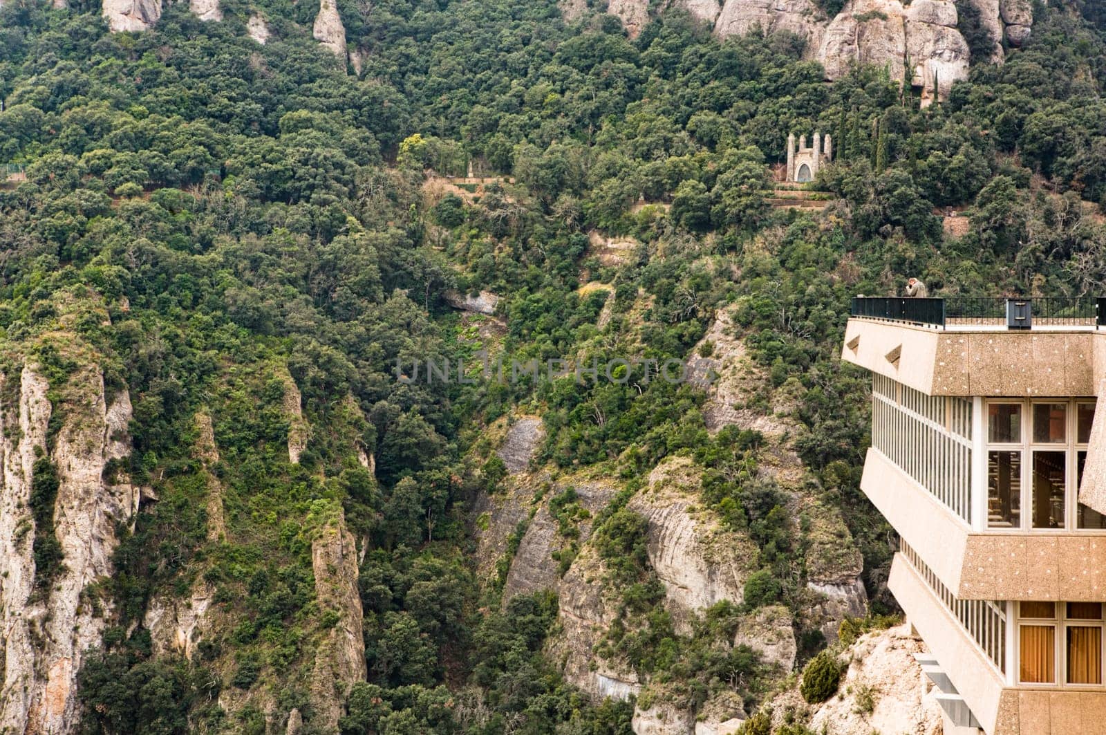 Montserrat Monastery balcony, a beautiful Benedictine Abbey high up in the mountains near Barcelona, Spain