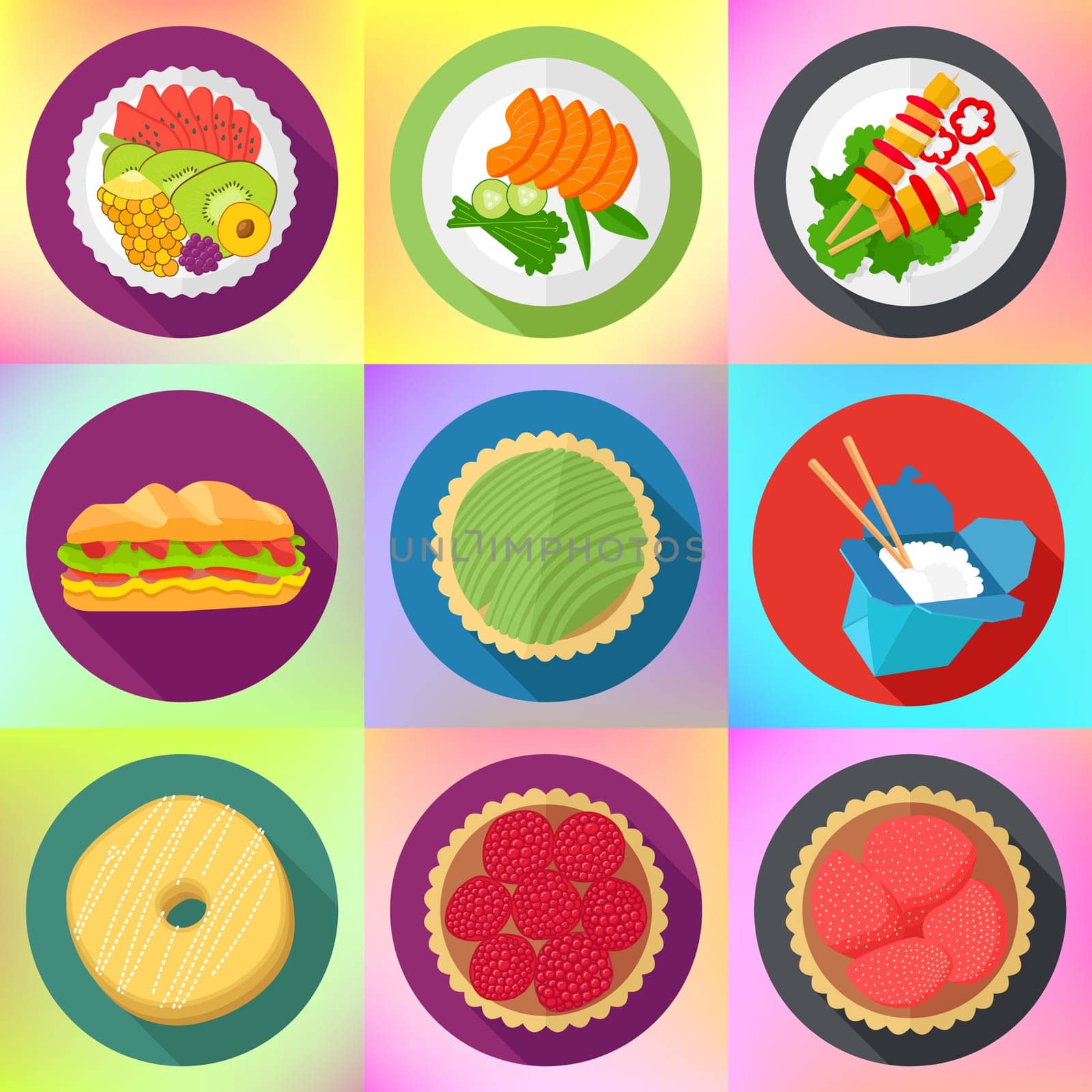 dessert cafe food flat long shadow style colored vector food icons collection. vector color food icons. verious  delicious dishes.