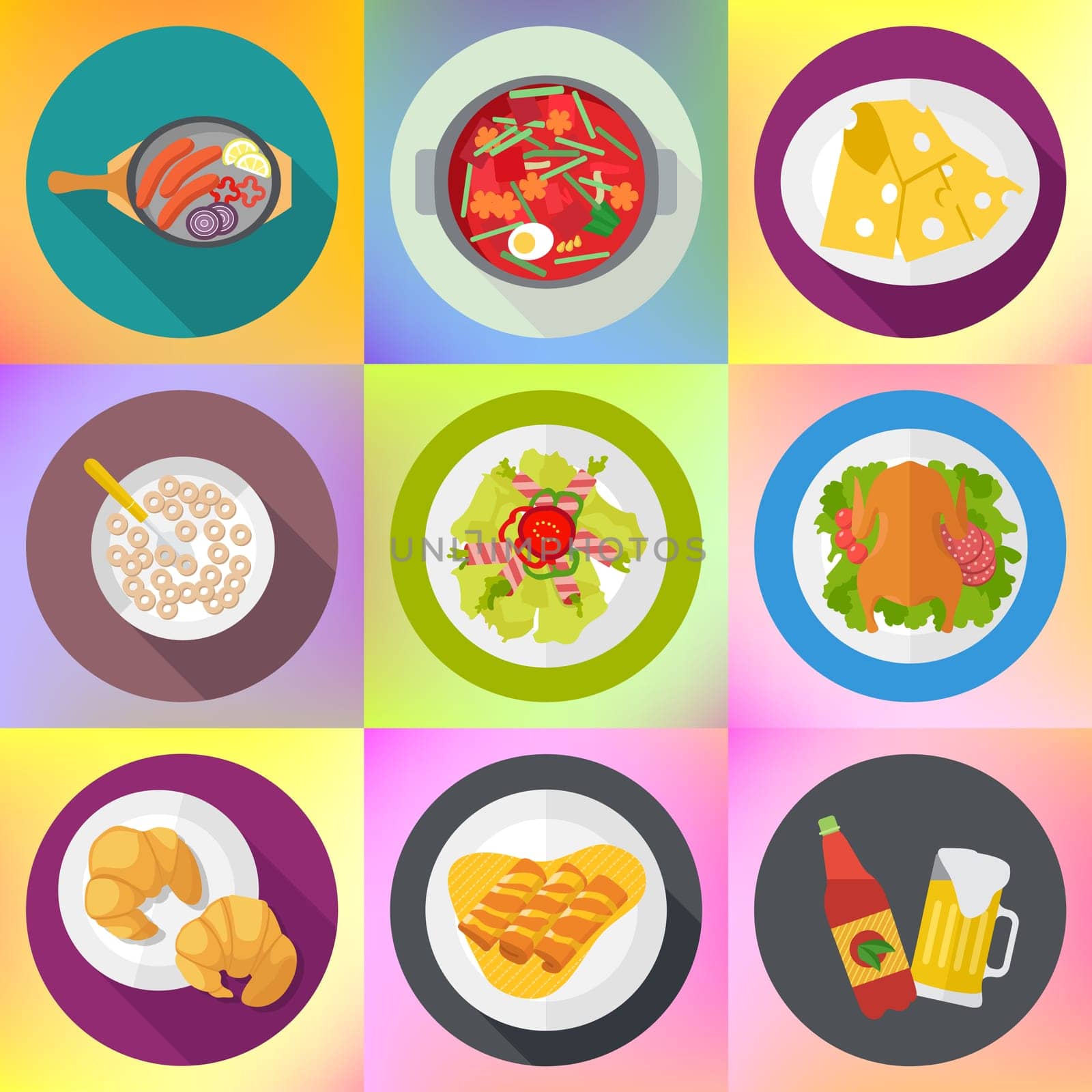 restaurant and homemade food signs set. flat long shadow style colored vector food icons collection. food icons kit.