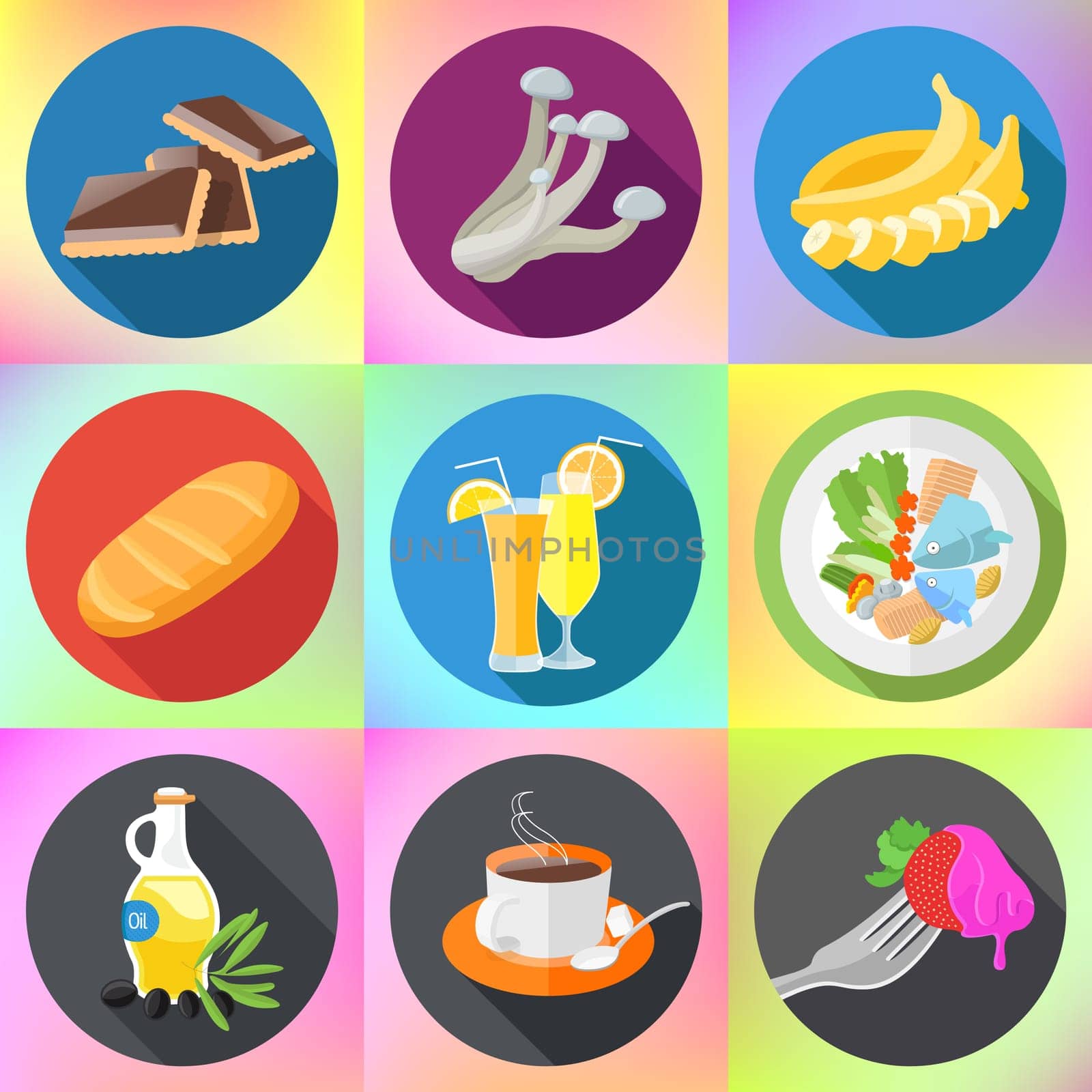 dishes icon set flat long shadow style vector icon. Set of flat design icons for restaurant, food and drink.  Collection of food pictograms in flat design with long shadows