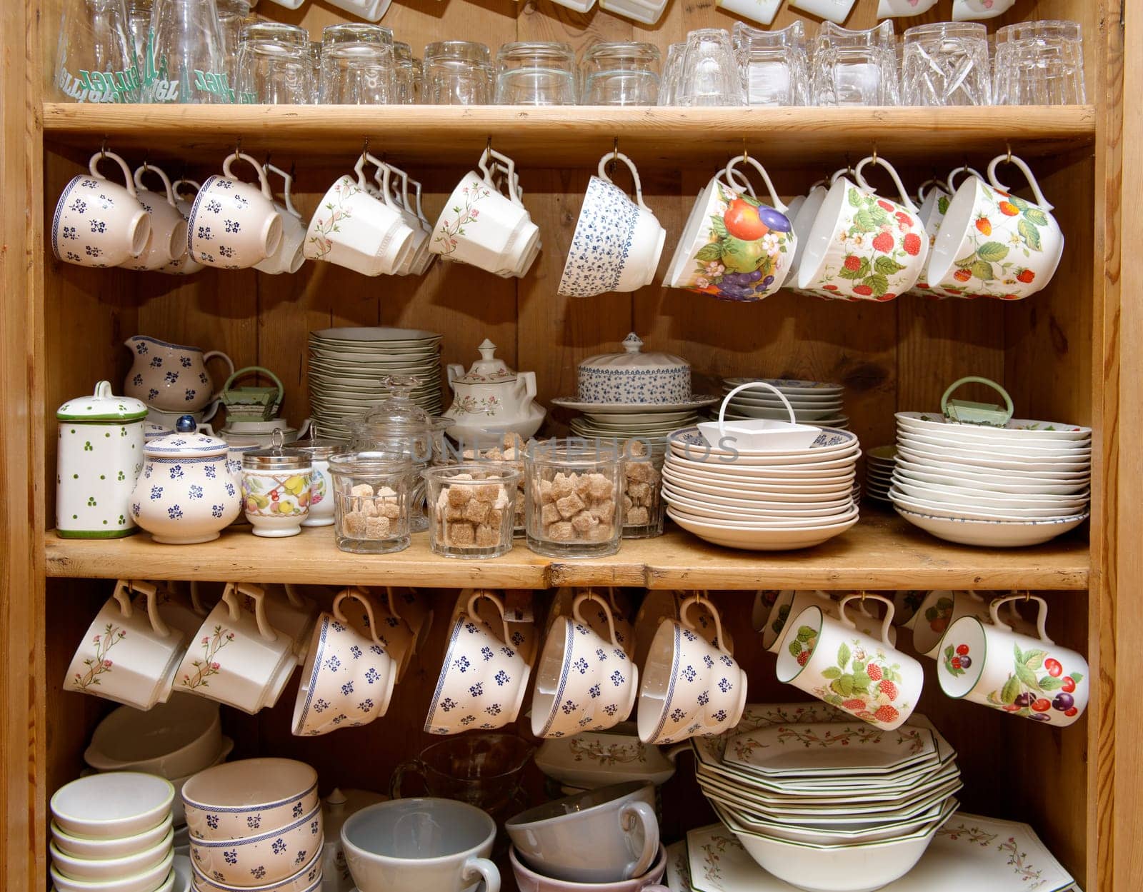 a cabinet with crockery