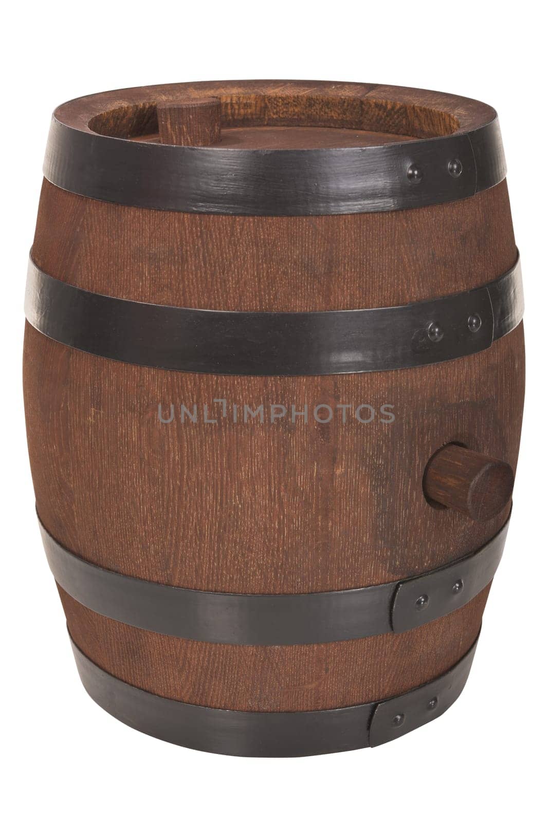 old dark brown wooden barrel with iron rings insulated on white