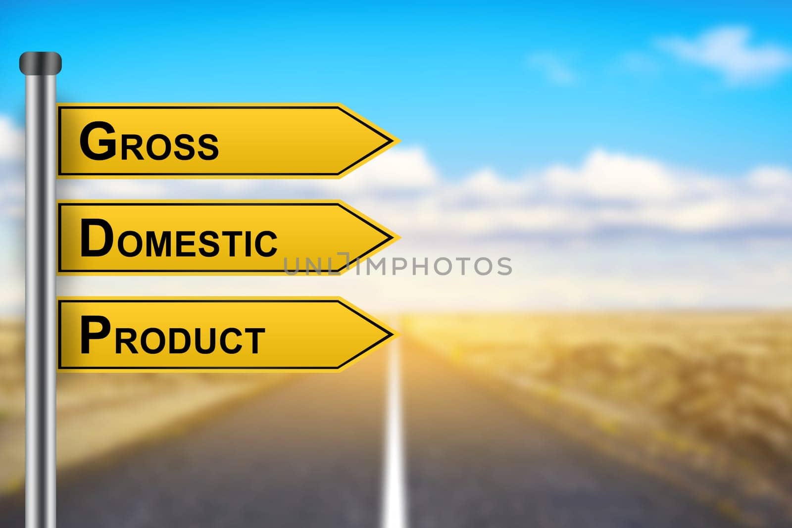 Gross domestic product or GDP words on yellow road sign with blurred background