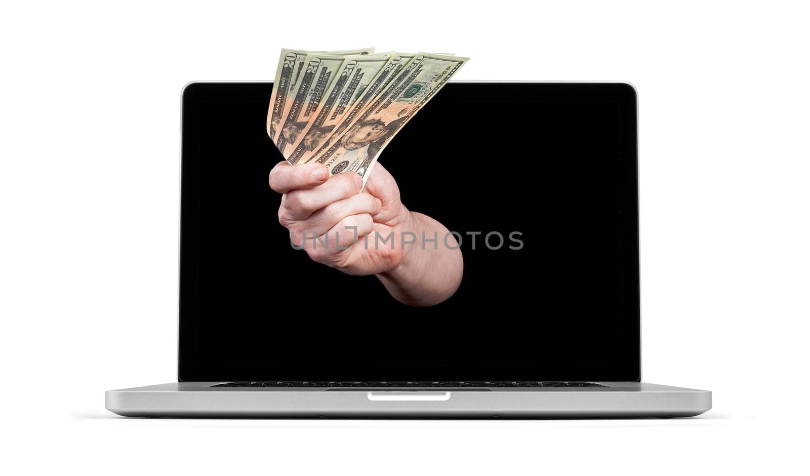 Getting money from laptop monitor screen - Online Transaction, Online Banking theme.