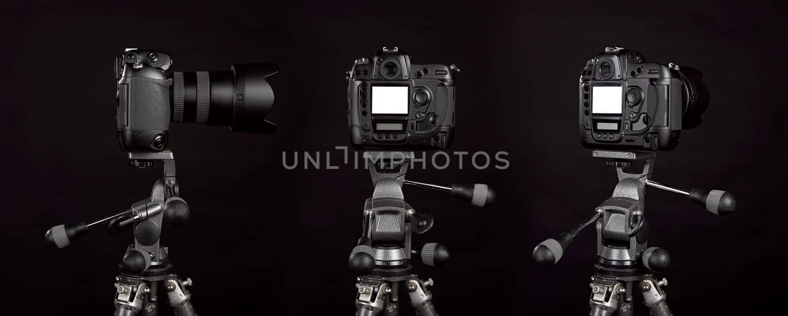 Three angle of Black digital camera on black background