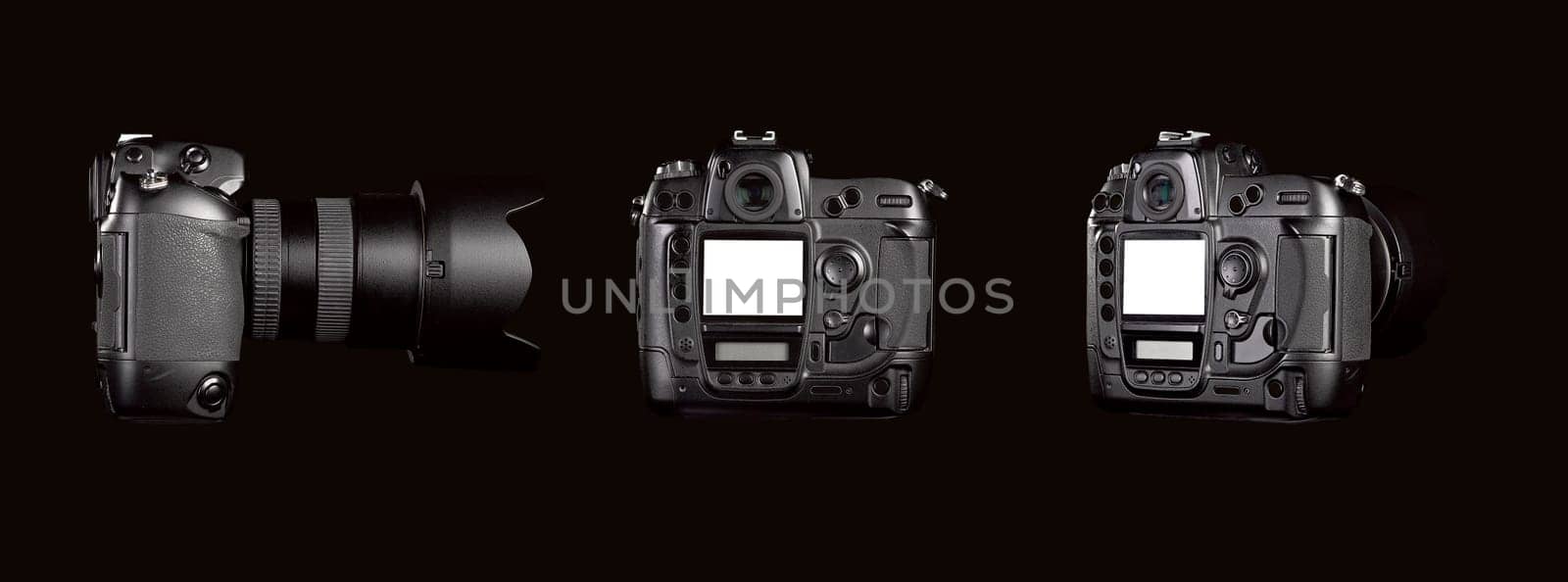 Three angle of Black digital camera on black background with clipping path