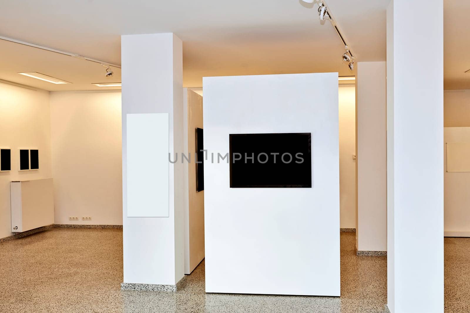 exhibition gallery, wall mounted art with museum style lighting, the art has been removed and replaced. There are path for the frame