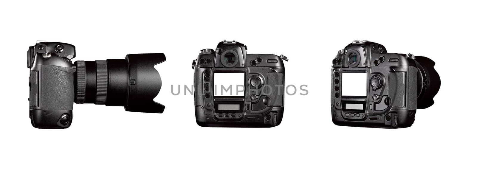 Three angle of Black digital camera on white background with clipping path