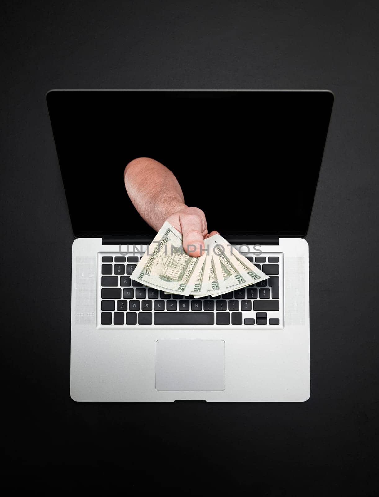 Getting money from laptop monitor screen - Online Transaction, Online Banking theme.