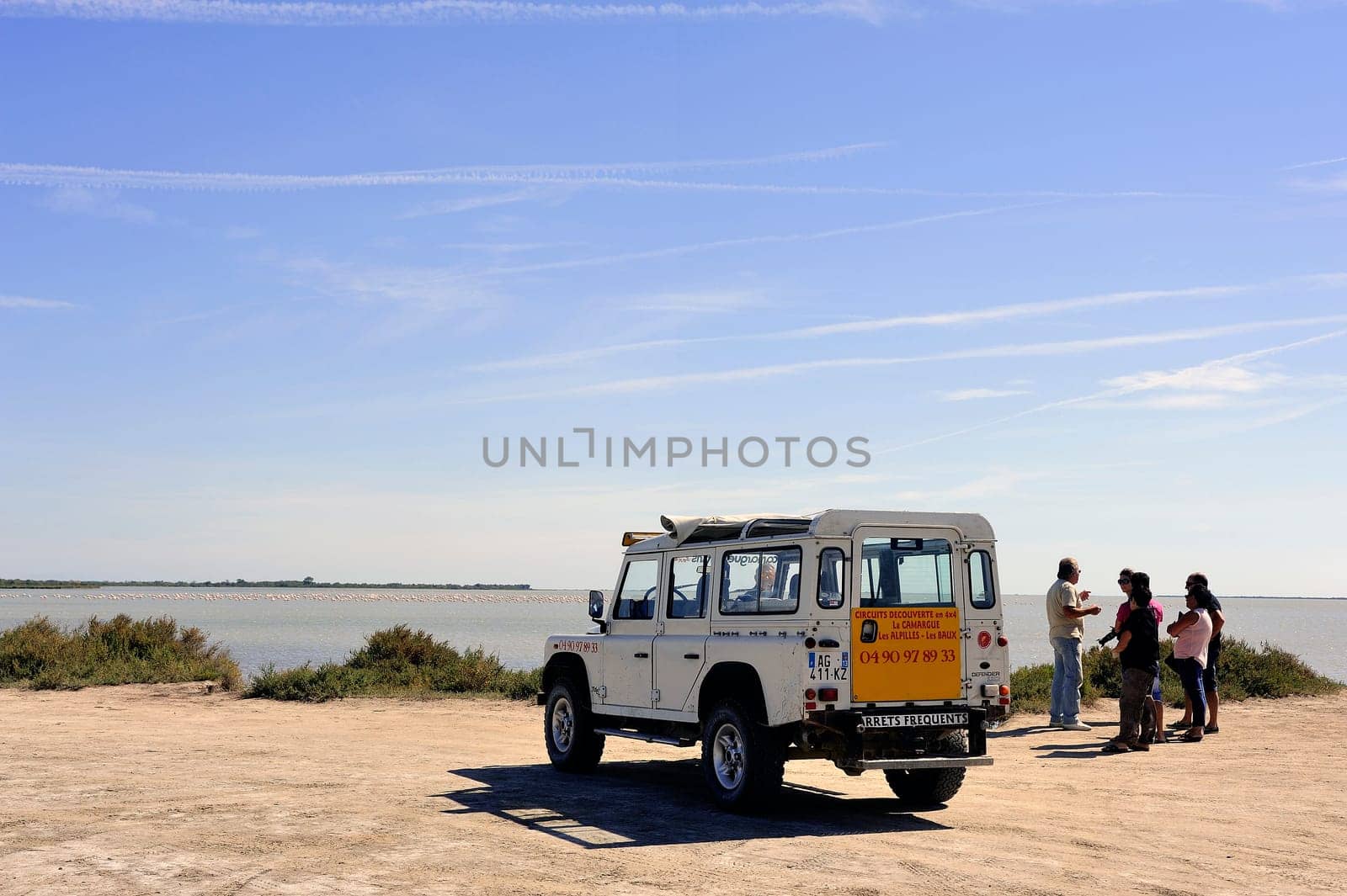 Tourists visiting the Camargue 4x4 with a guide to explain the area and wildlife such as flamingos.