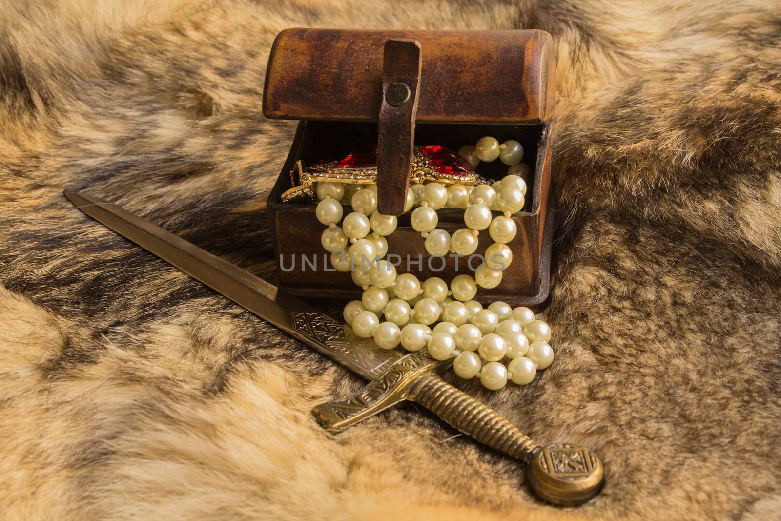 a casket and dagger with jewels on natural fur a wild Wolf