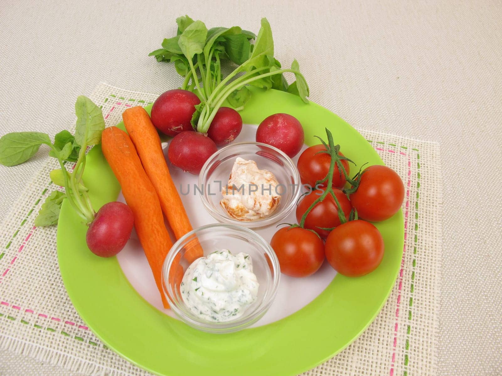 Cherry tomatoes,radishes,carrots and cream cheese dip