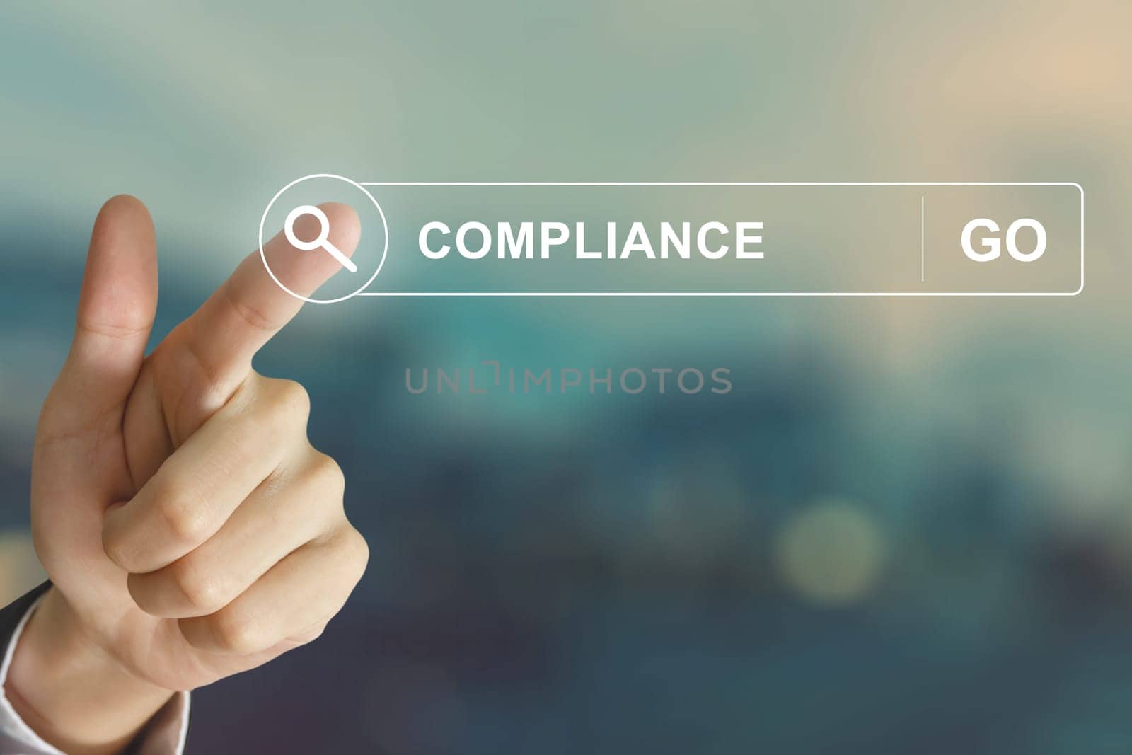 business hand clicking compliance button on search toolbar with vintage style effect
