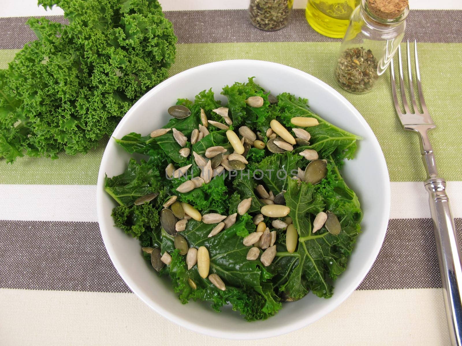 Green cabbage salad with sunflower seeds,pumpkin seeds and pine nuts