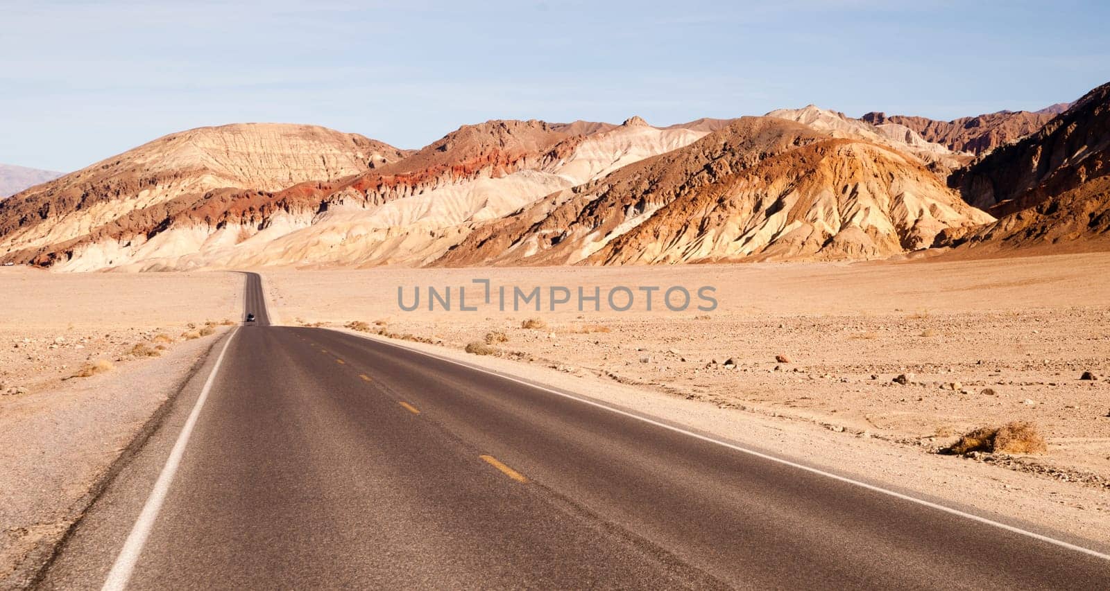 The Mustard Canyon badland area on the right of the two lane higway