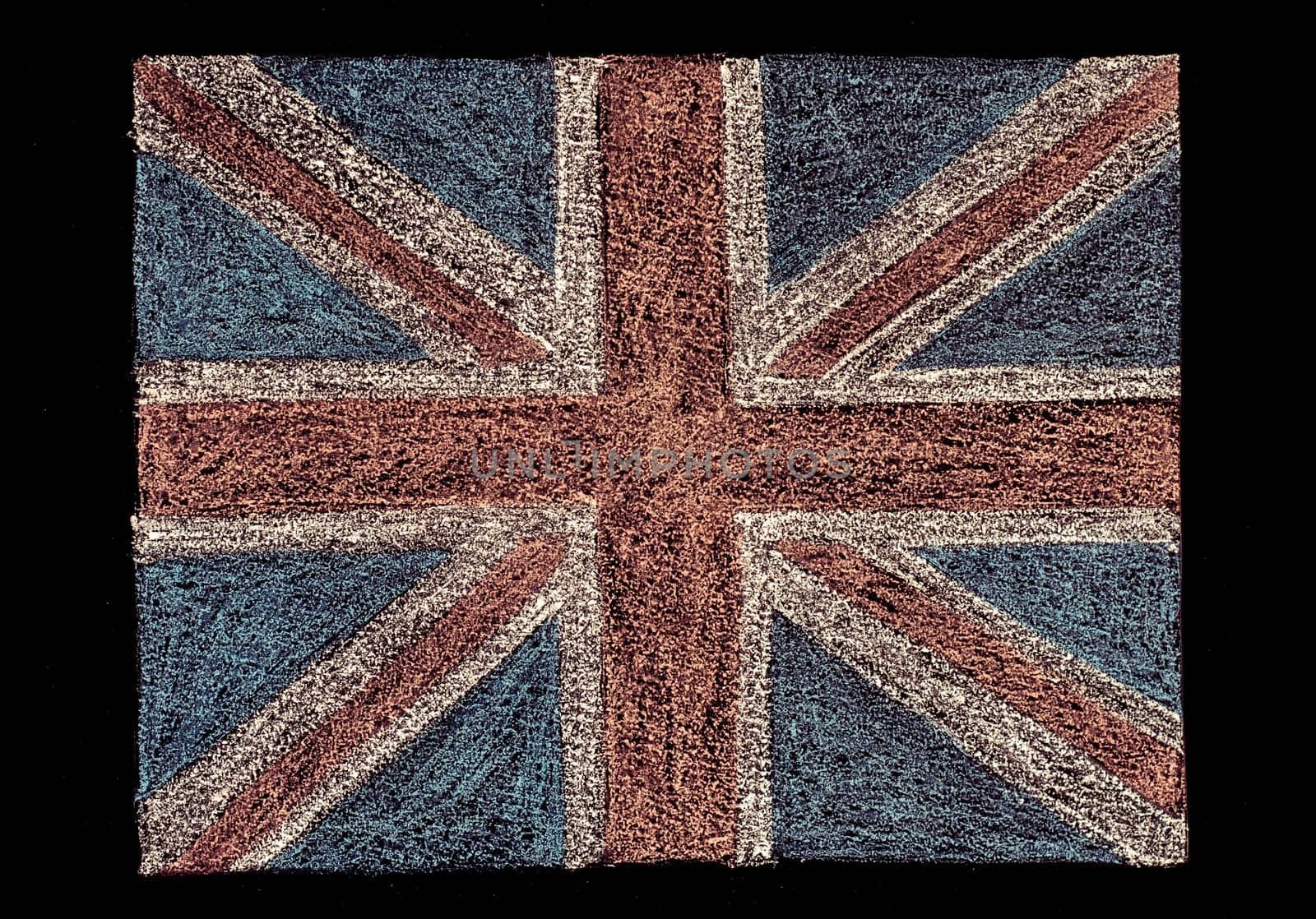 United Kingdom (British Union jack) flag, hand drawing with chalk on blackboard isolated on black background, vintage concept