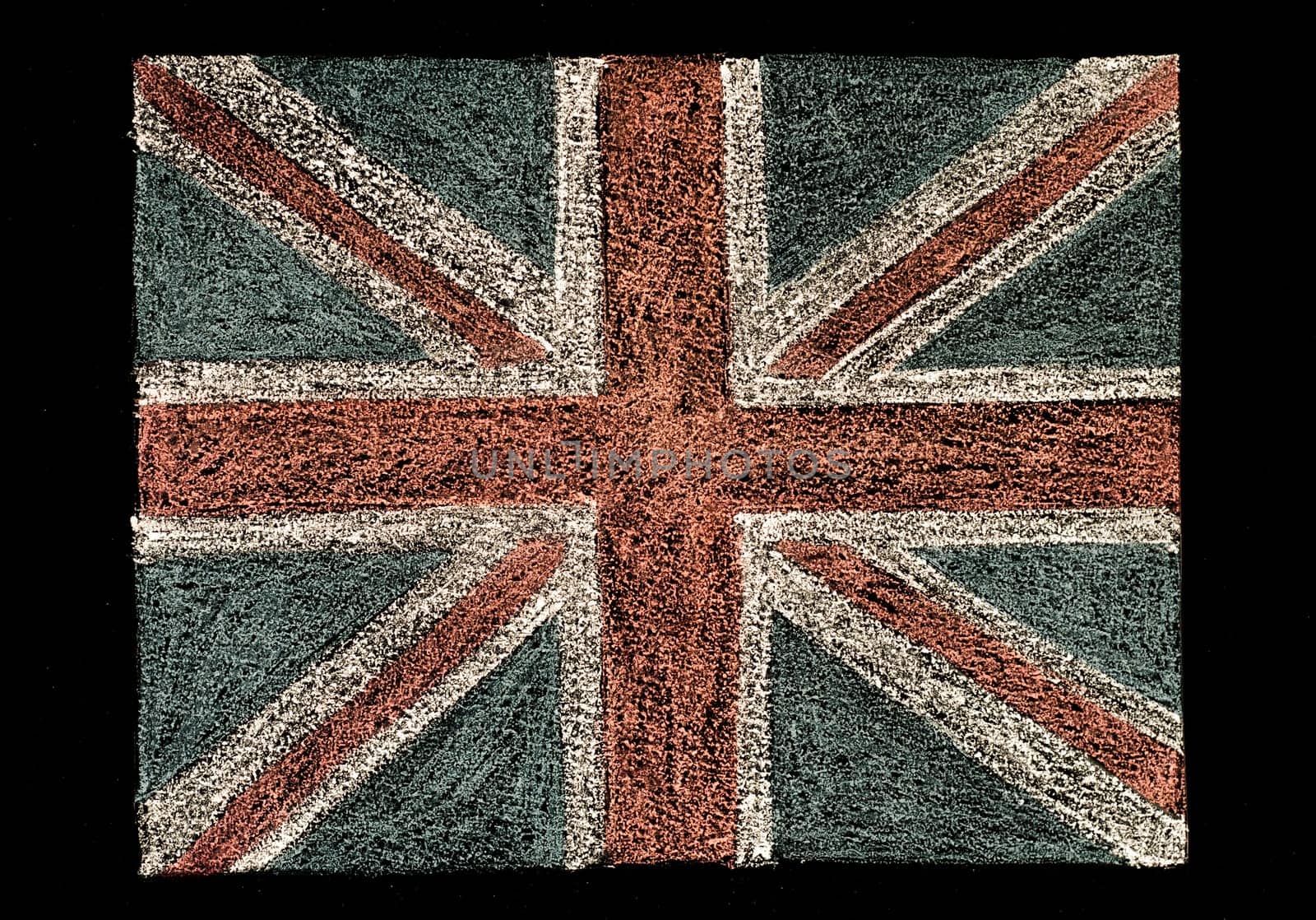 United Kingdom (British Union jack) flag, hand drawing with chalk on blackboard isolated on black background, vintage concept