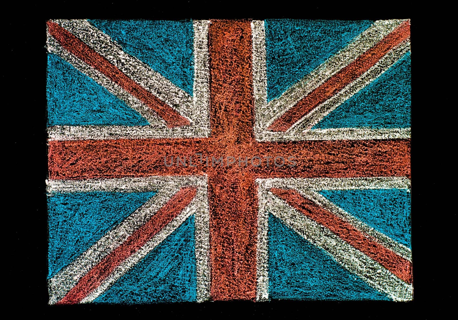 United Kingdom (British Union jack) flag, hand drawing with chalk on blackboard isolated on black background, vintage concept