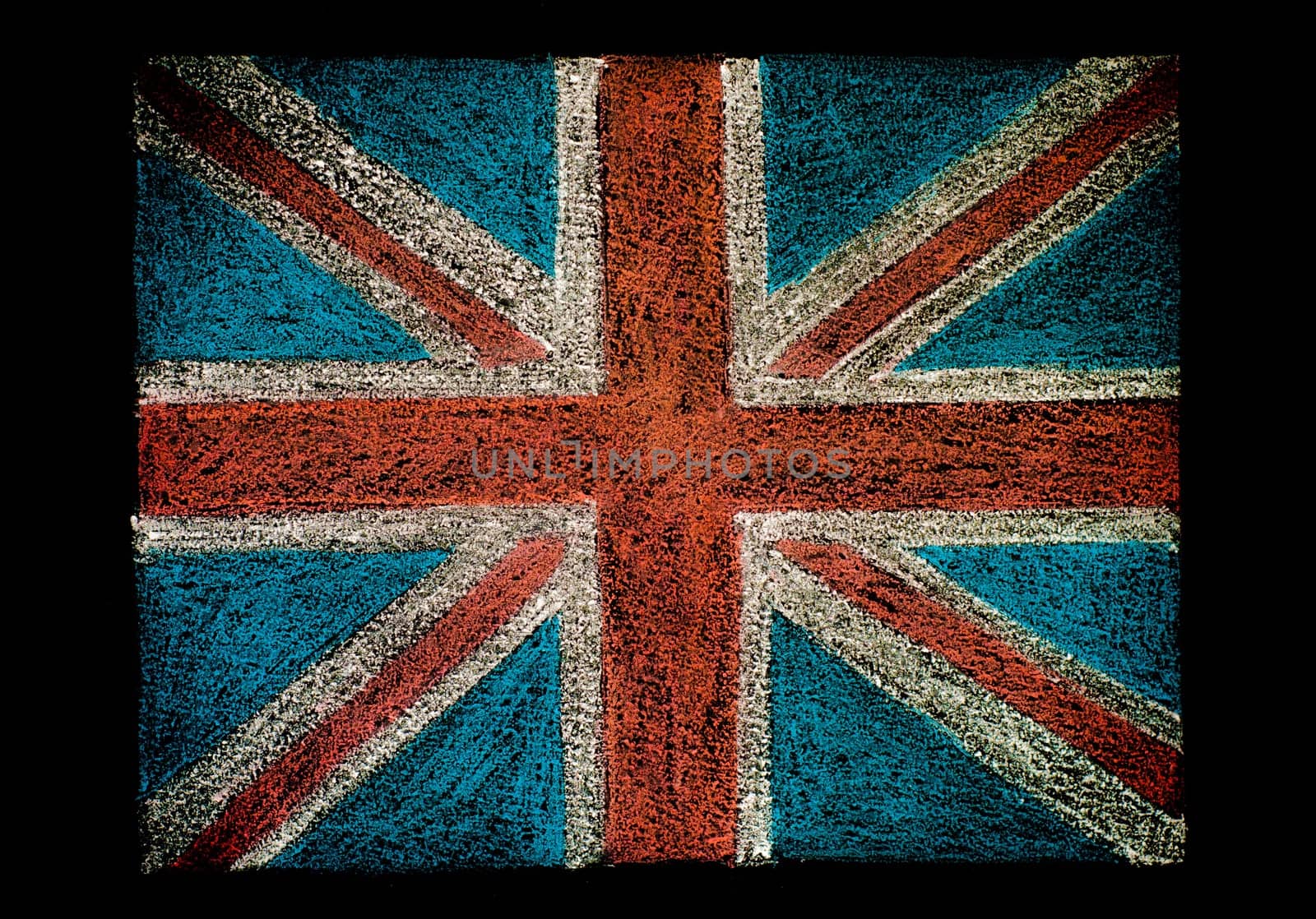United Kingdom (British Union jack) flag, hand drawing with chalk on blackboard isolated on black background, vintage concept