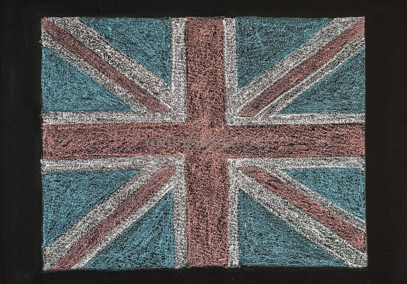 United Kingdom (British Union jack) flag, hand drawing with chalk on blackboard isolated on black background, vintage concept