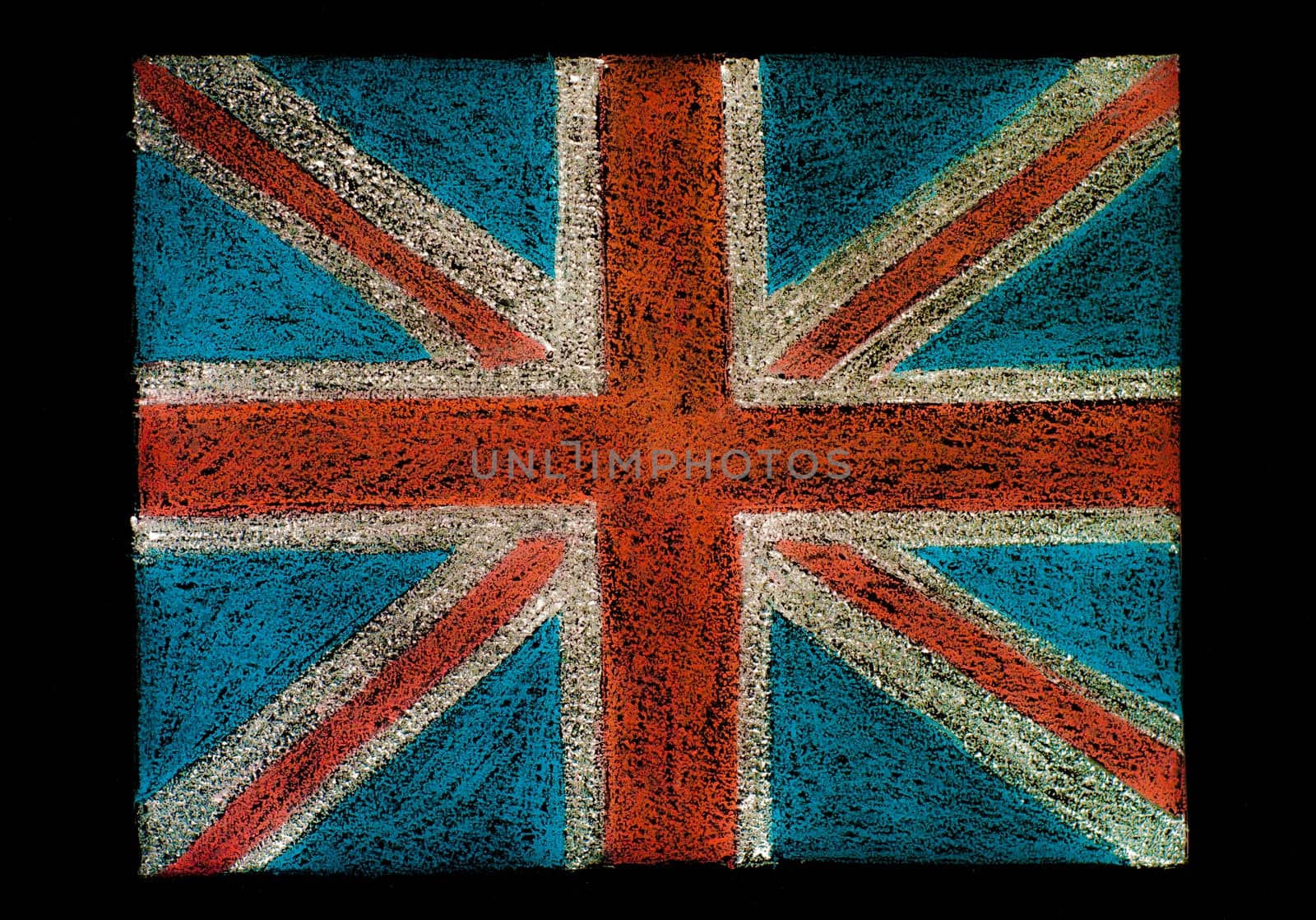 United Kingdom (British Union jack) flag, hand drawing with chalk on blackboard isolated on black background, vintage concept