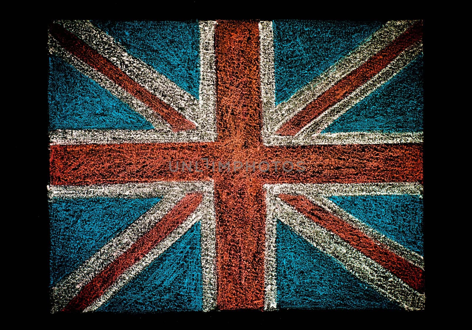 United Kingdom (British Union jack) flag, hand drawing with chalk on blackboard isolated on black background, vintage concept