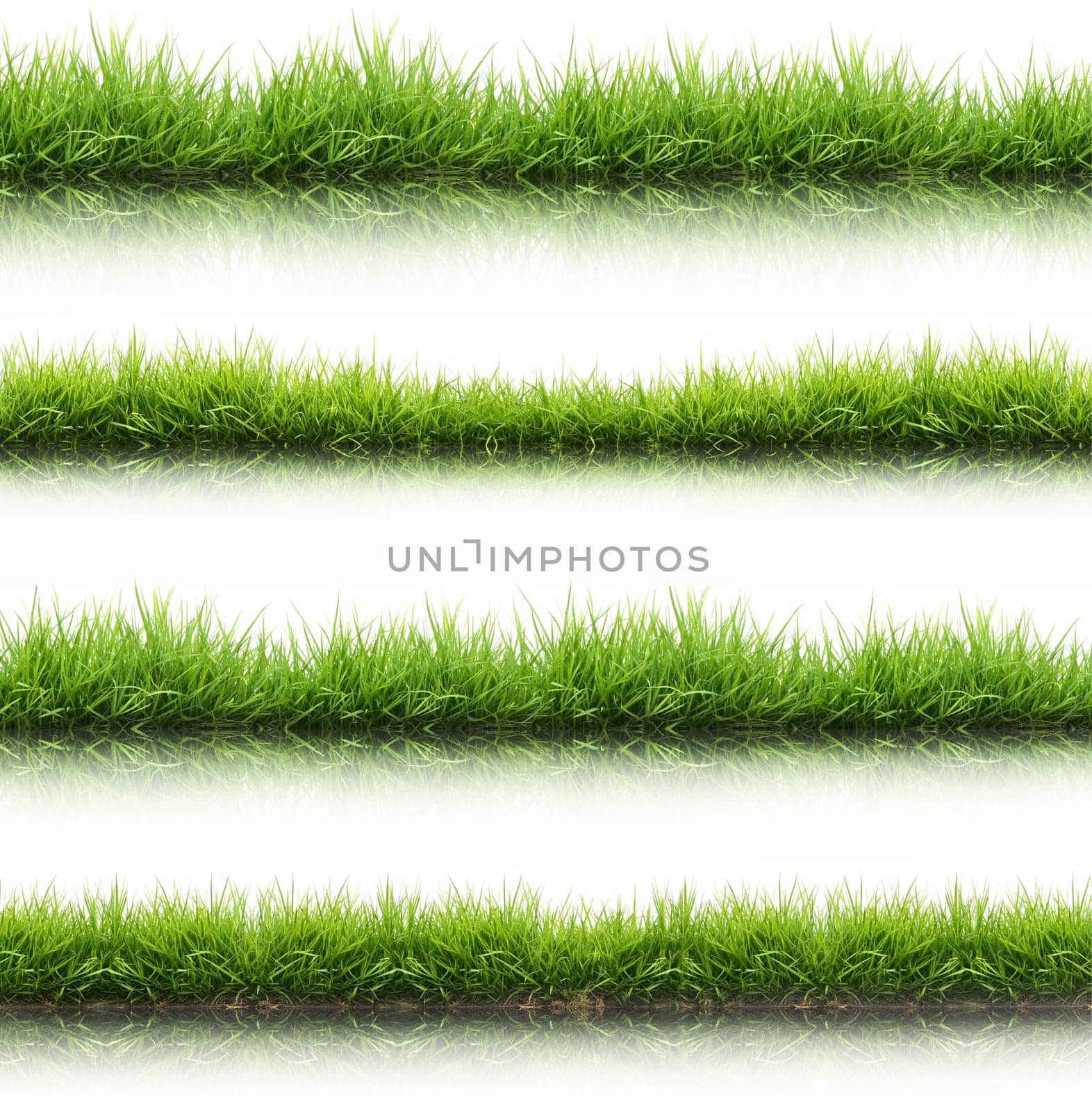 fresh spring green grass isolated on white background with water reflection