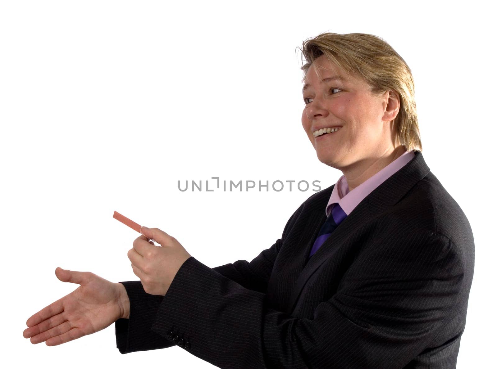 Businesswoman giving a blank business card and wants to shake hands.