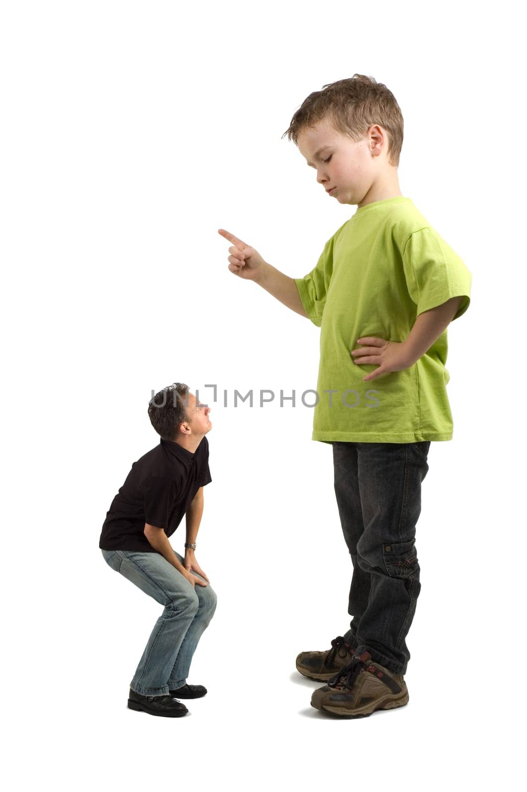 Caricature of a large son pointing his finger at the extra small dad. Not always do the parents tell what must be done!