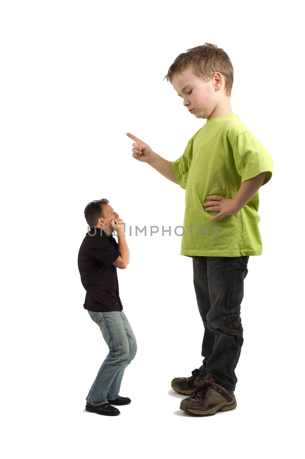 Caricature of a large son pointing his finger at the extra small dad. Not always do the parents tell what must be done!