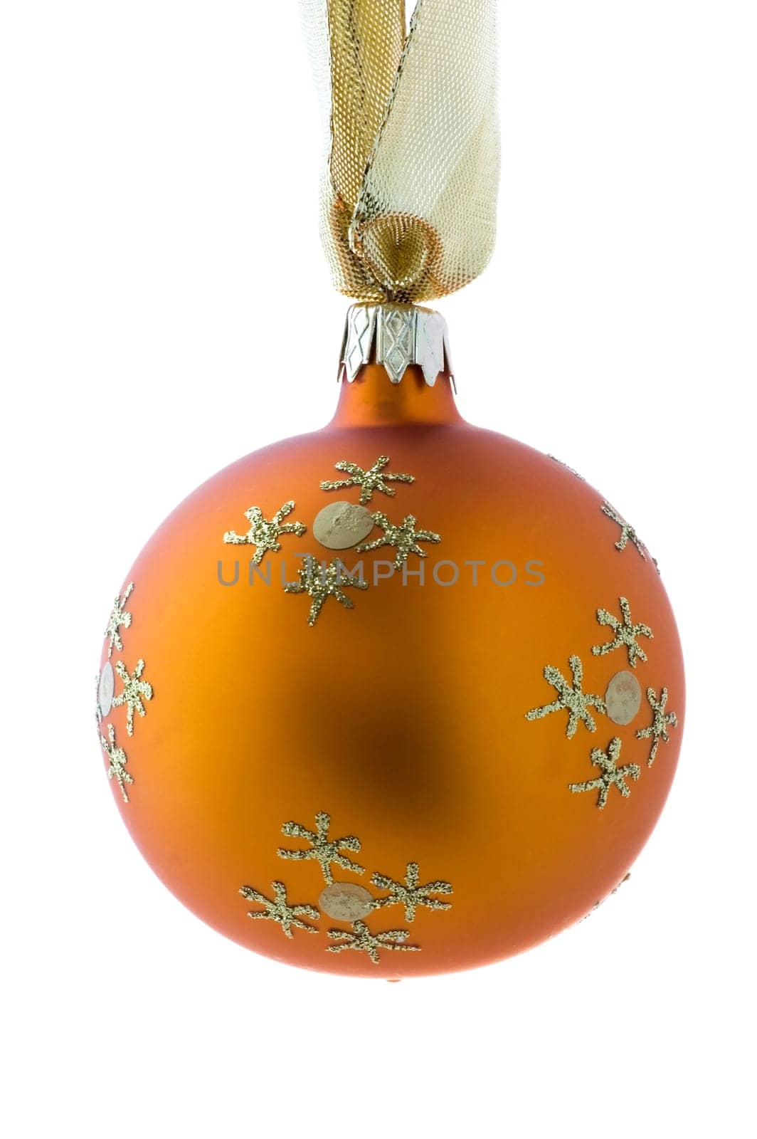 Golden Christmas ball hanging. Isolated on white.