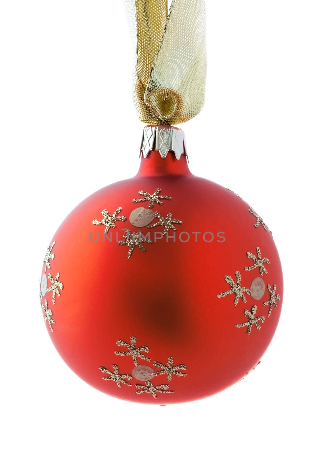 Red Christmas ball hanging. Isolated on white.