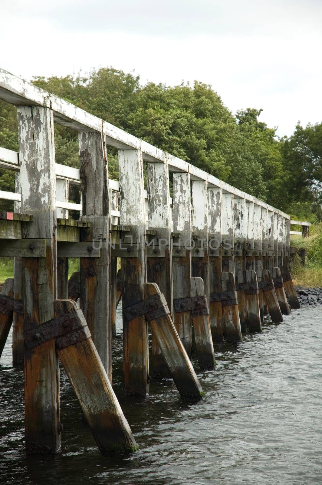 An old bridge over water.