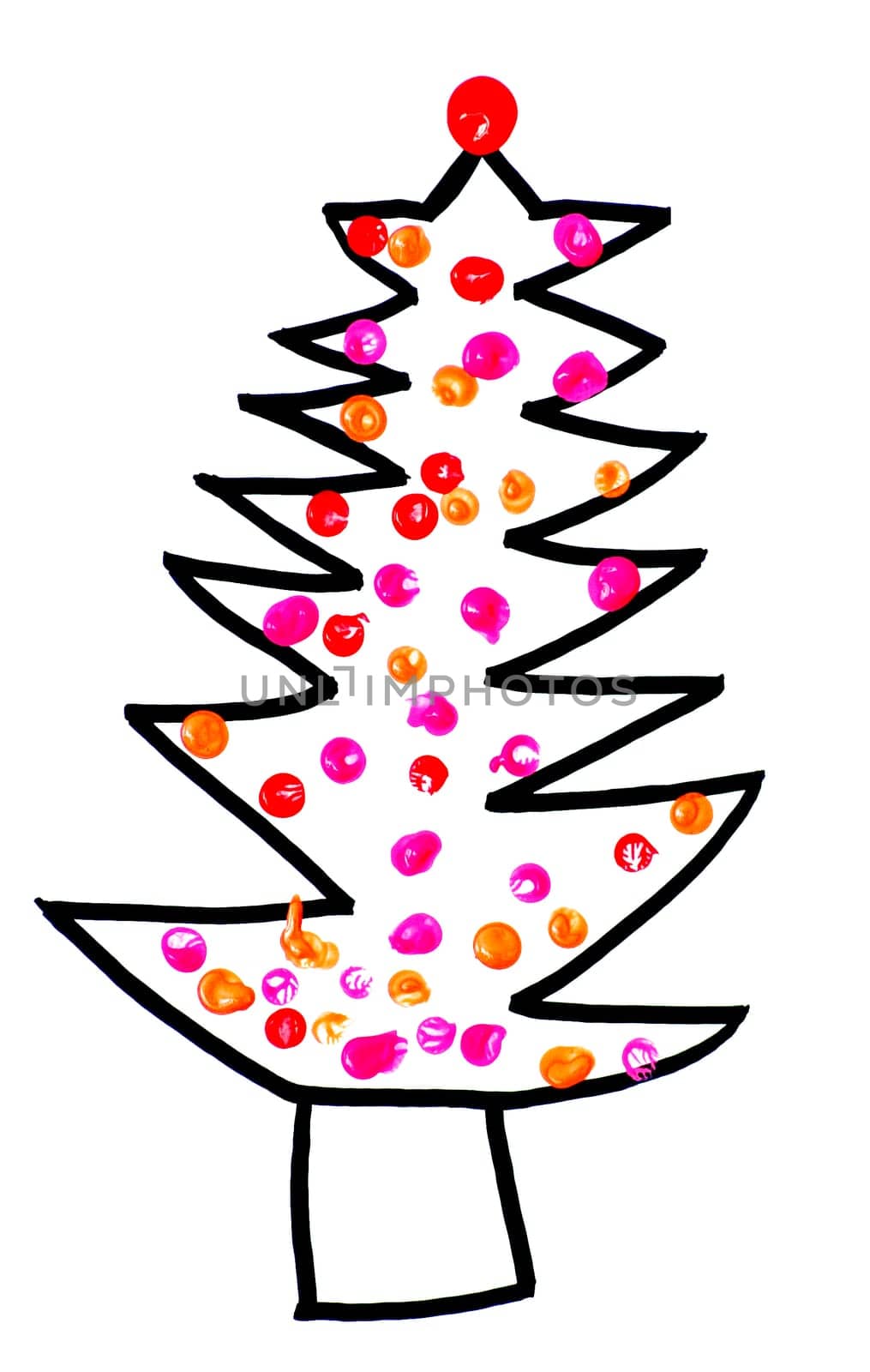 Children's painting of a Christmas tree. Isolated on white.