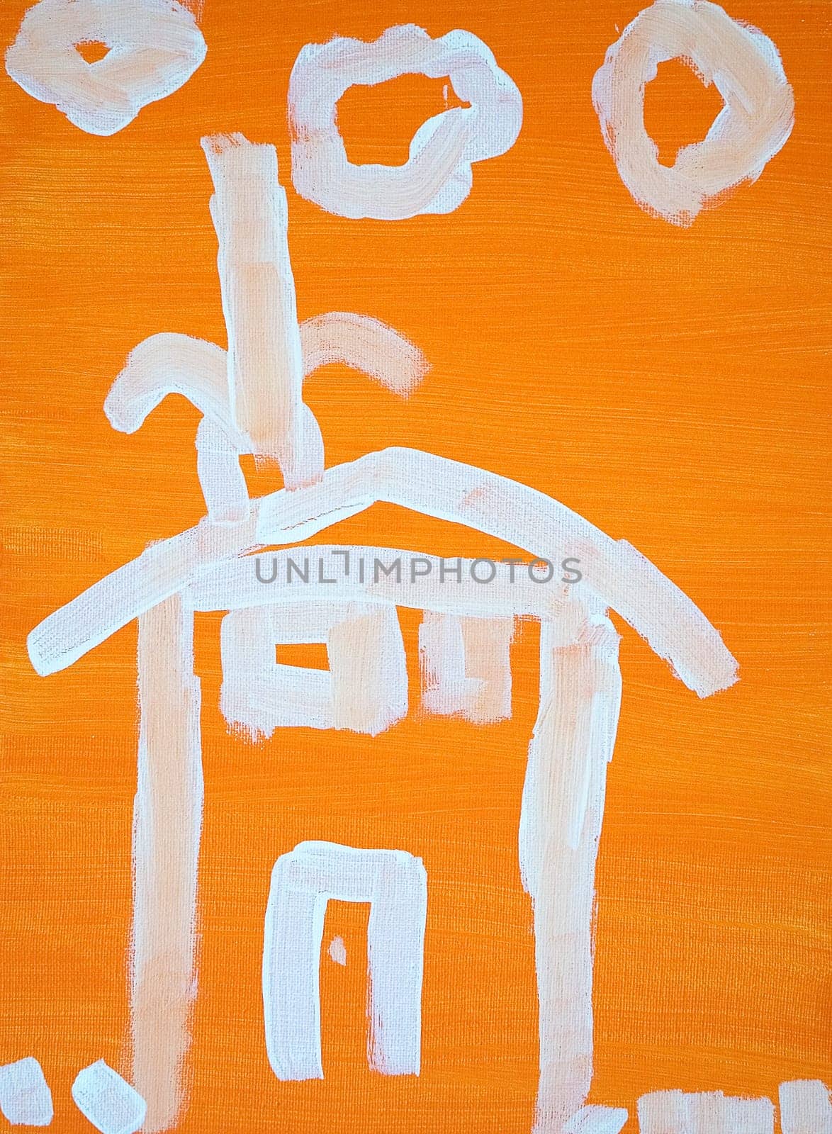 Children's painting of a house, on an orange painted canvas.