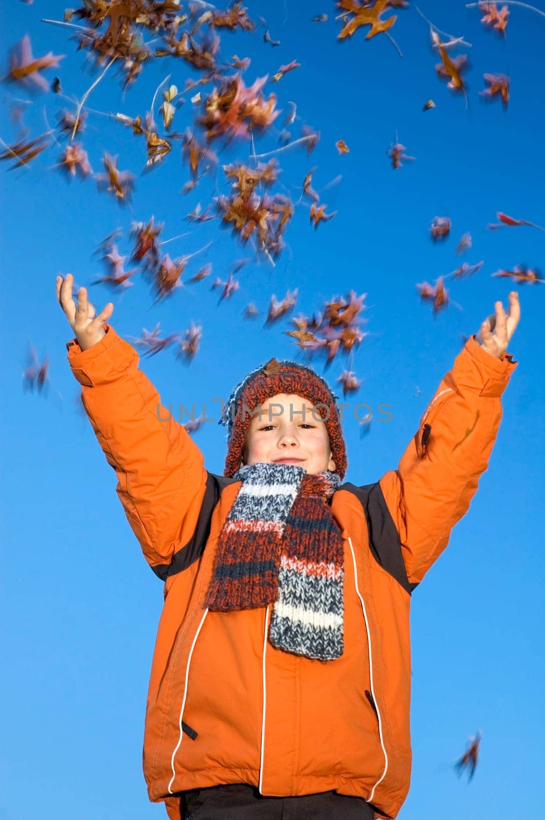 This boy is happy that the autumn has started! He likes to throw with the beautiful colored leaves. Movement in the leaves.
