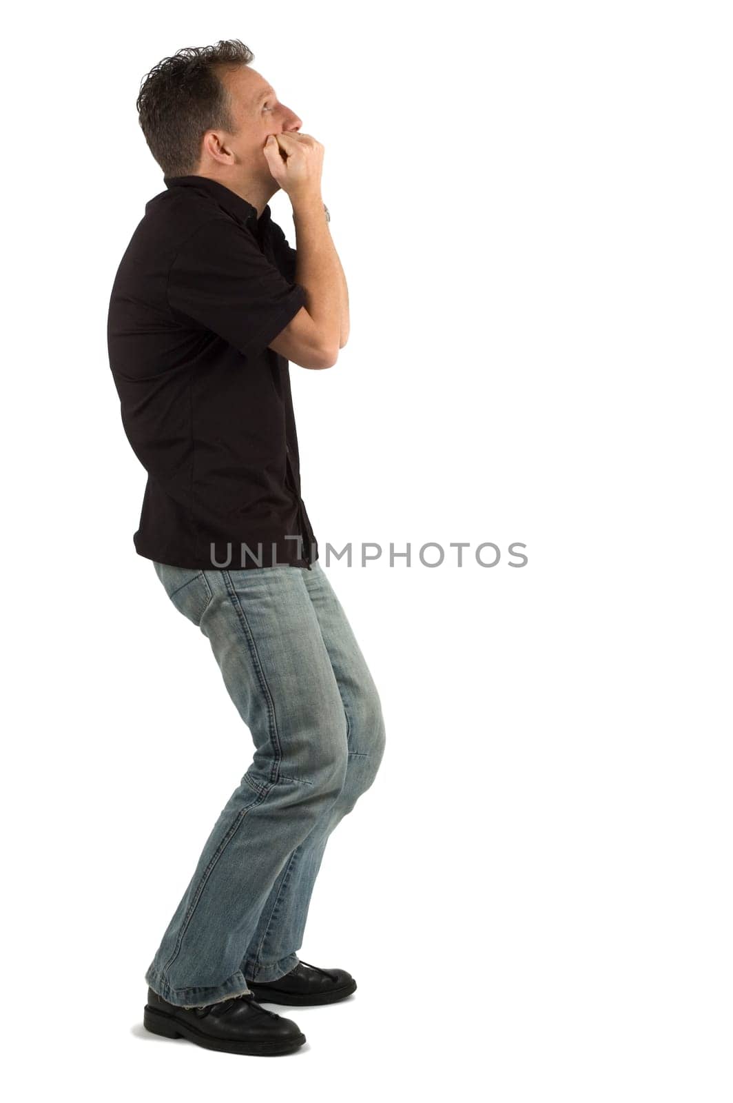 Scared man looking up, against a white background
