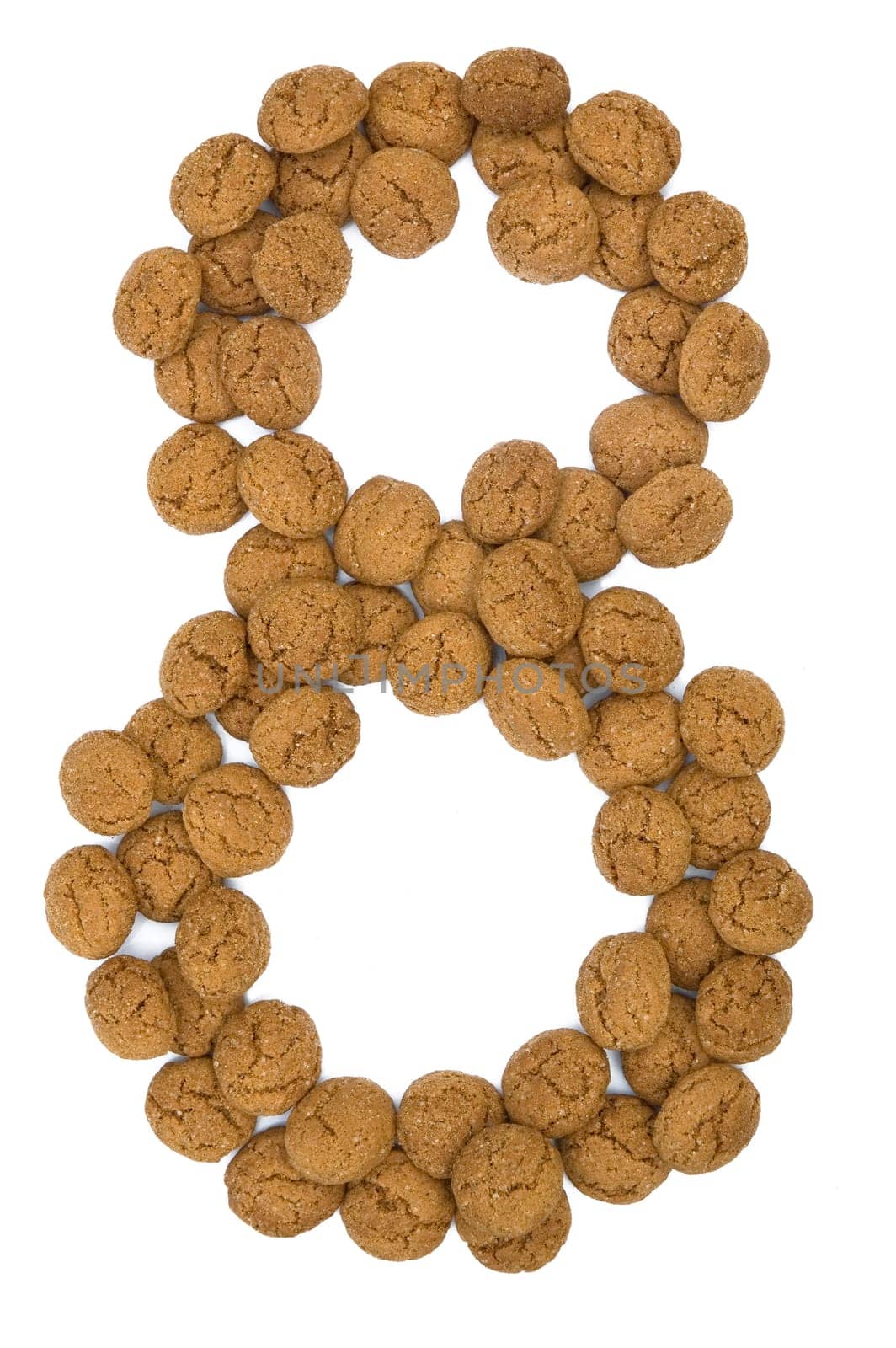 Little ginger nuts in the form of the digit eight. These little ginger nuts are used in Holland for the "Sinterklaas"" party, which is at Dec 5 every year. Sinterklaas is a sort of Santa Claus. In Holland these ginger nuts are called ""pepernoot"". Isolated on white."