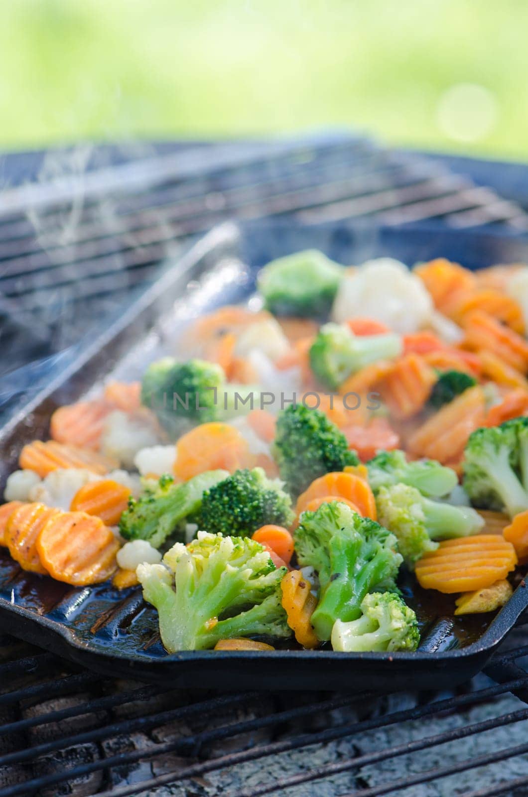 Vegetables fried on coals, close up. Note