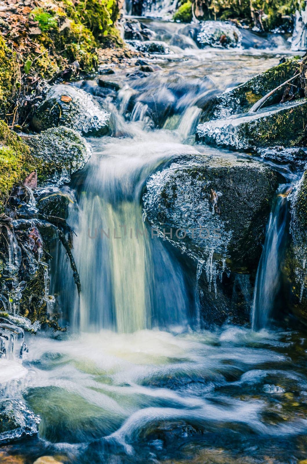 The flow of water in the spring of icicles and ice