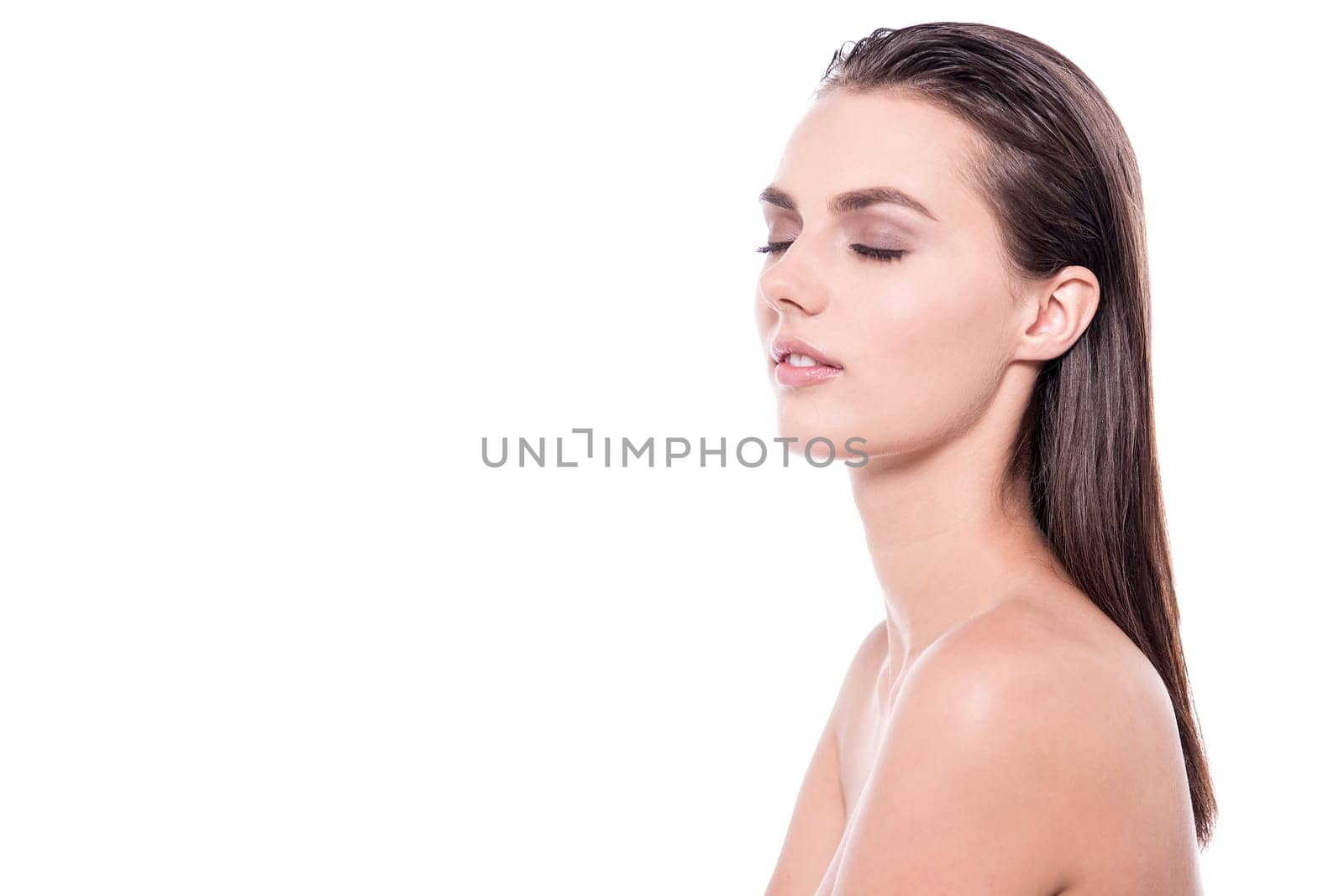 Woman isolated on white background with closed eyes