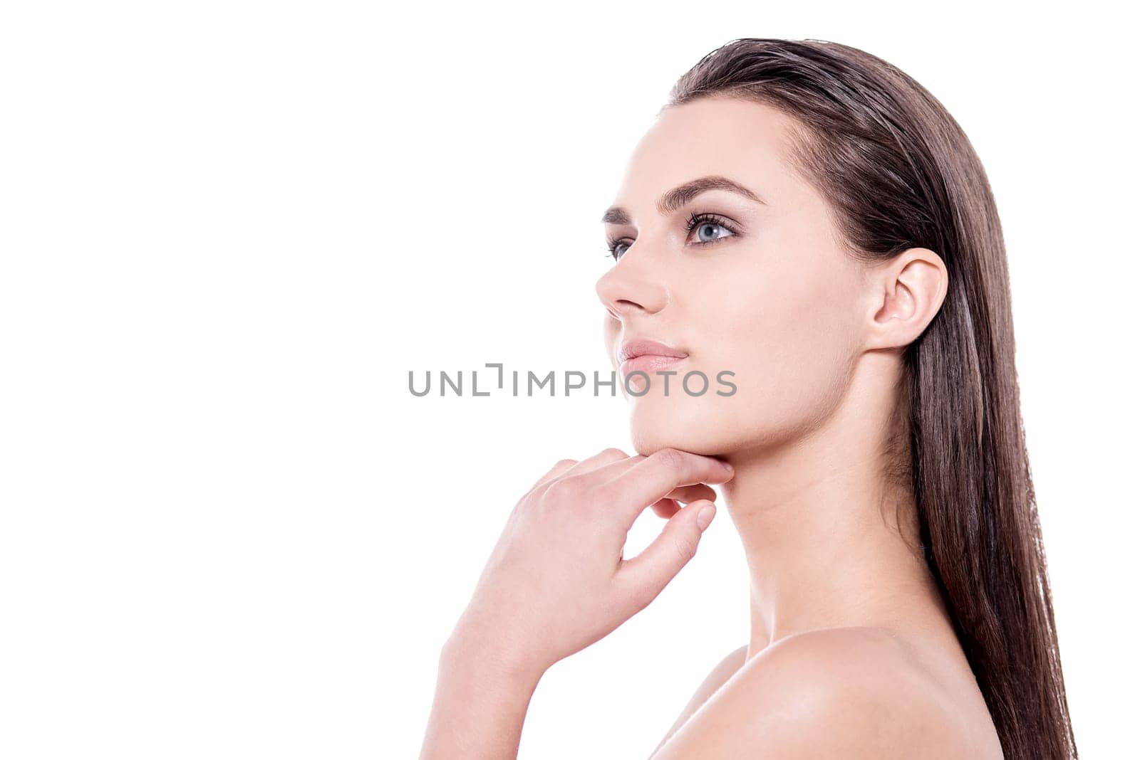 Thoughtful spa woman isolated on white background