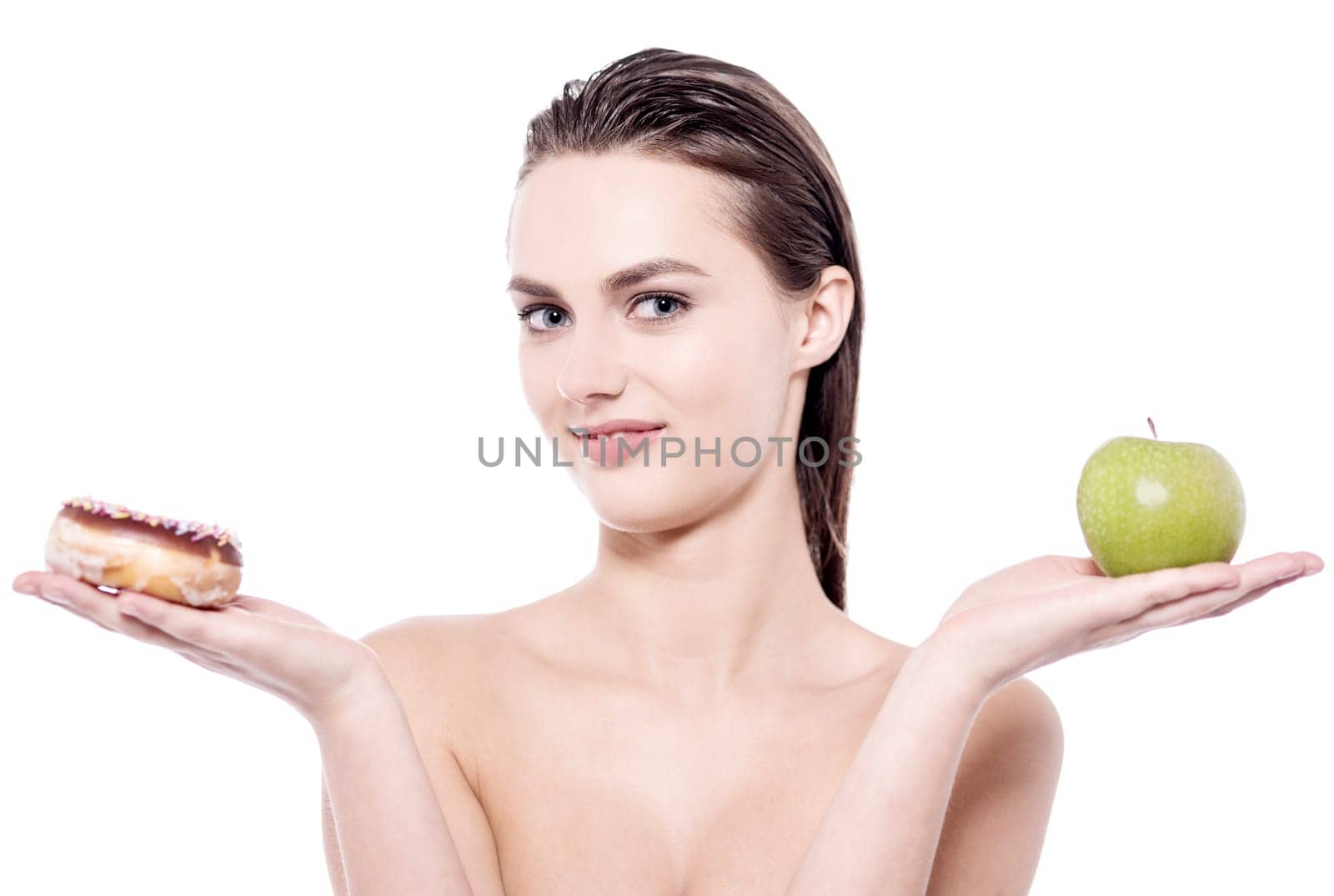 Young woman with fruit and dessert