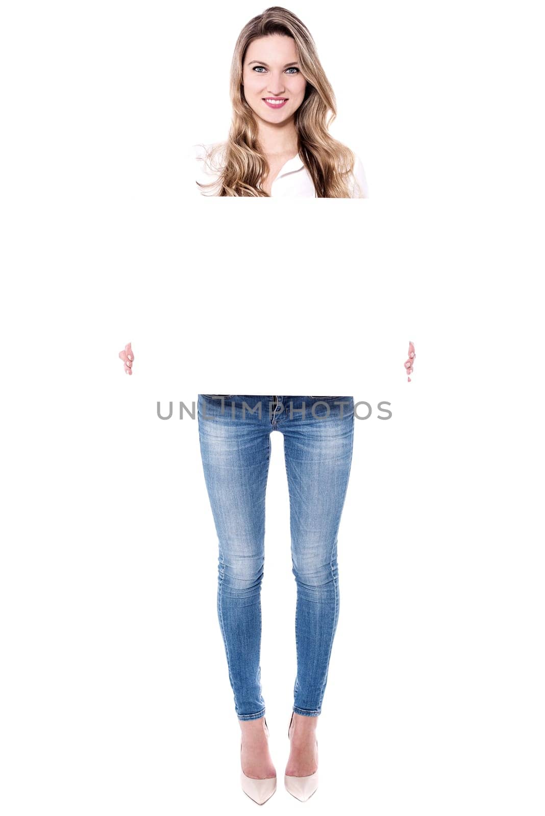 Full length shot of woman showing whiteboard