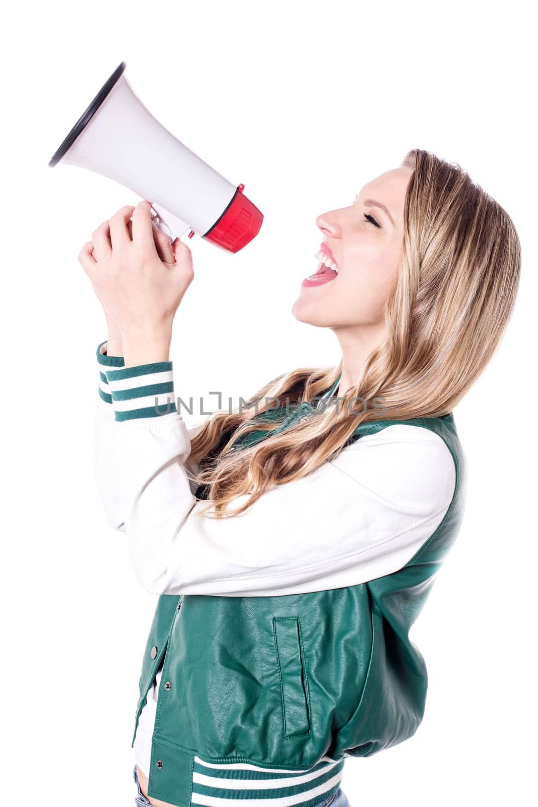 Side pose of enthusiastic woman making an announcement