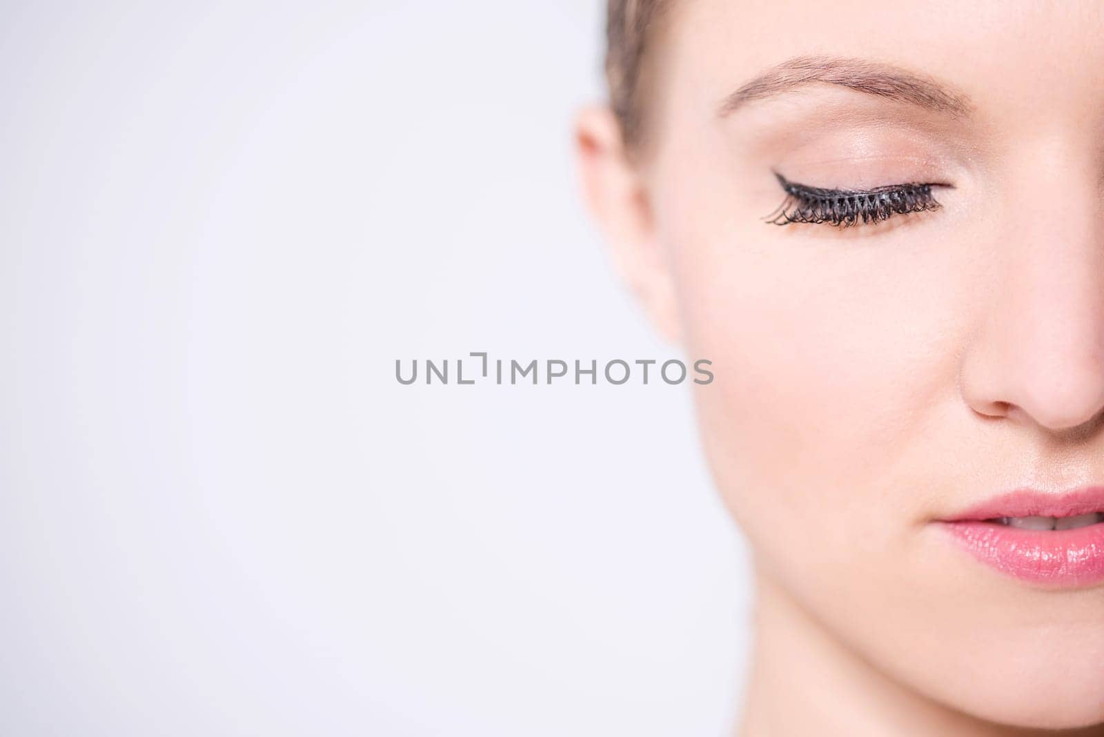 Makeup woman, face closeup. Copy space area.
