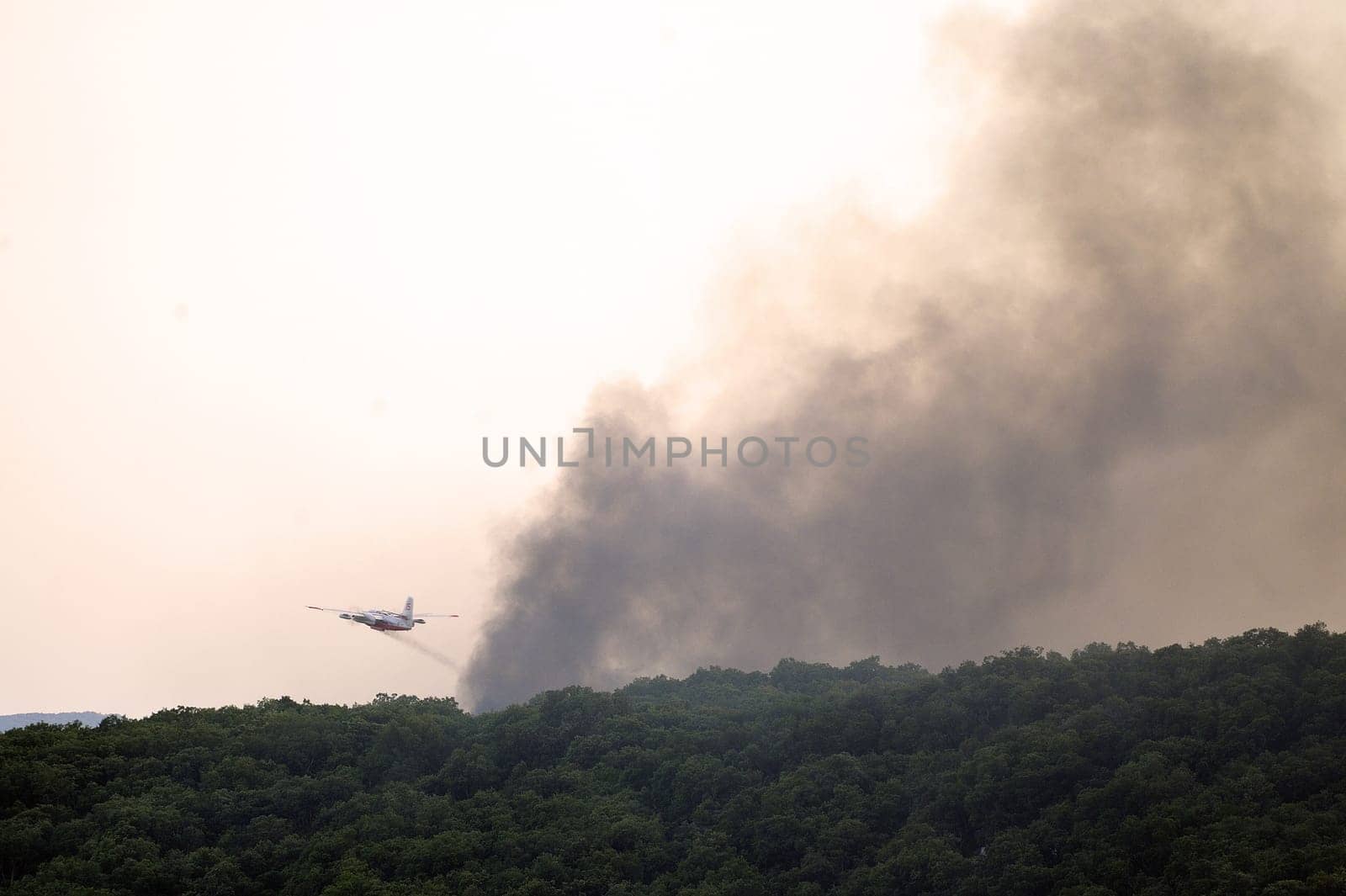 Tracker water bomber in the sky of southern France from extinguishing a forest fire.