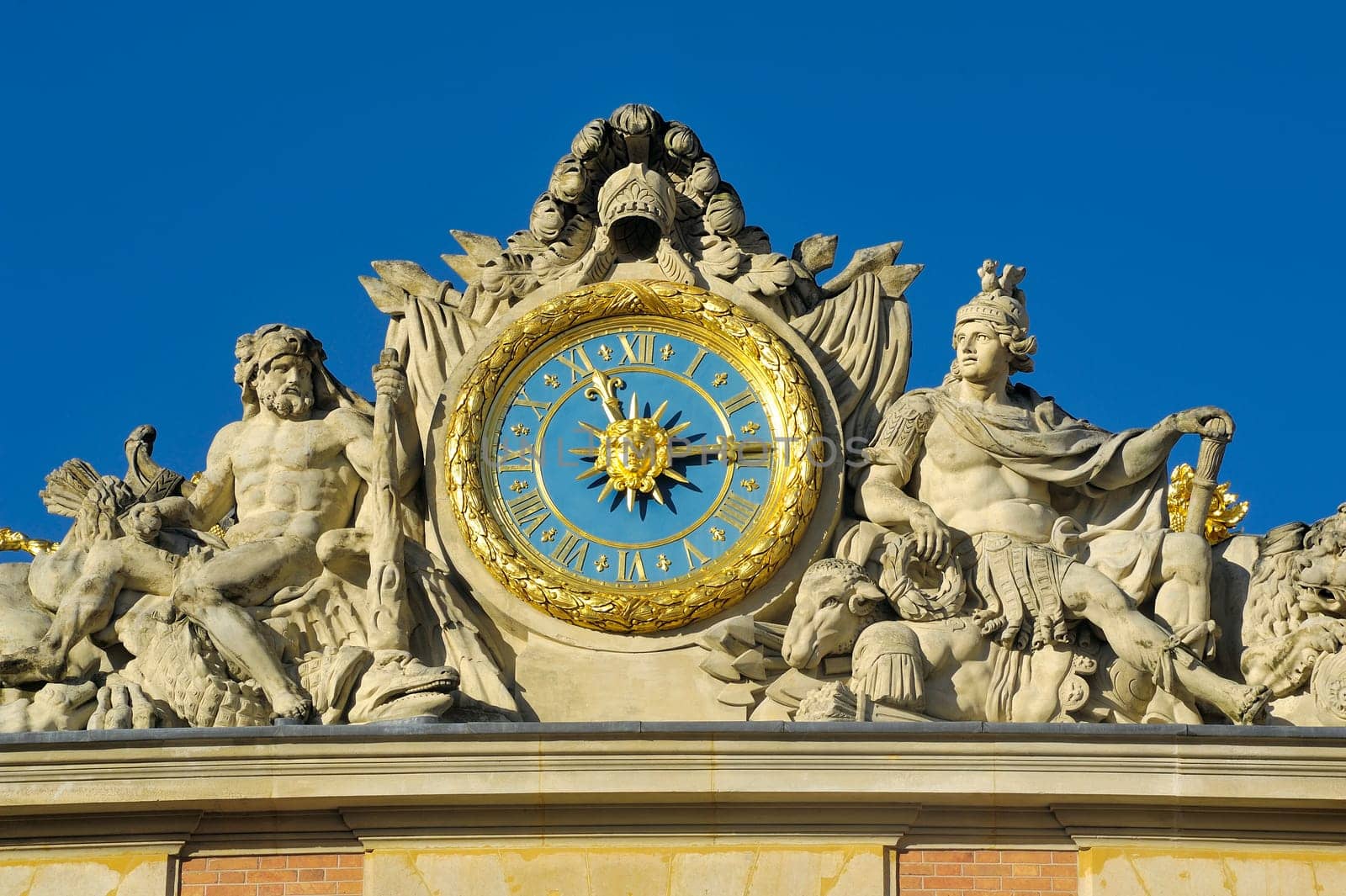 Versailles castle clock lying in the marble courtyard above the King's Chamber sun, Louis XIV