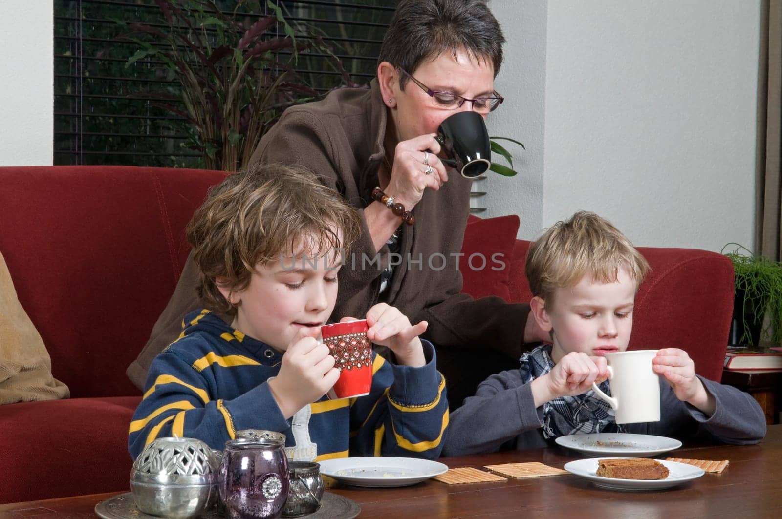 Family with two brothers and grandma in a livingroom